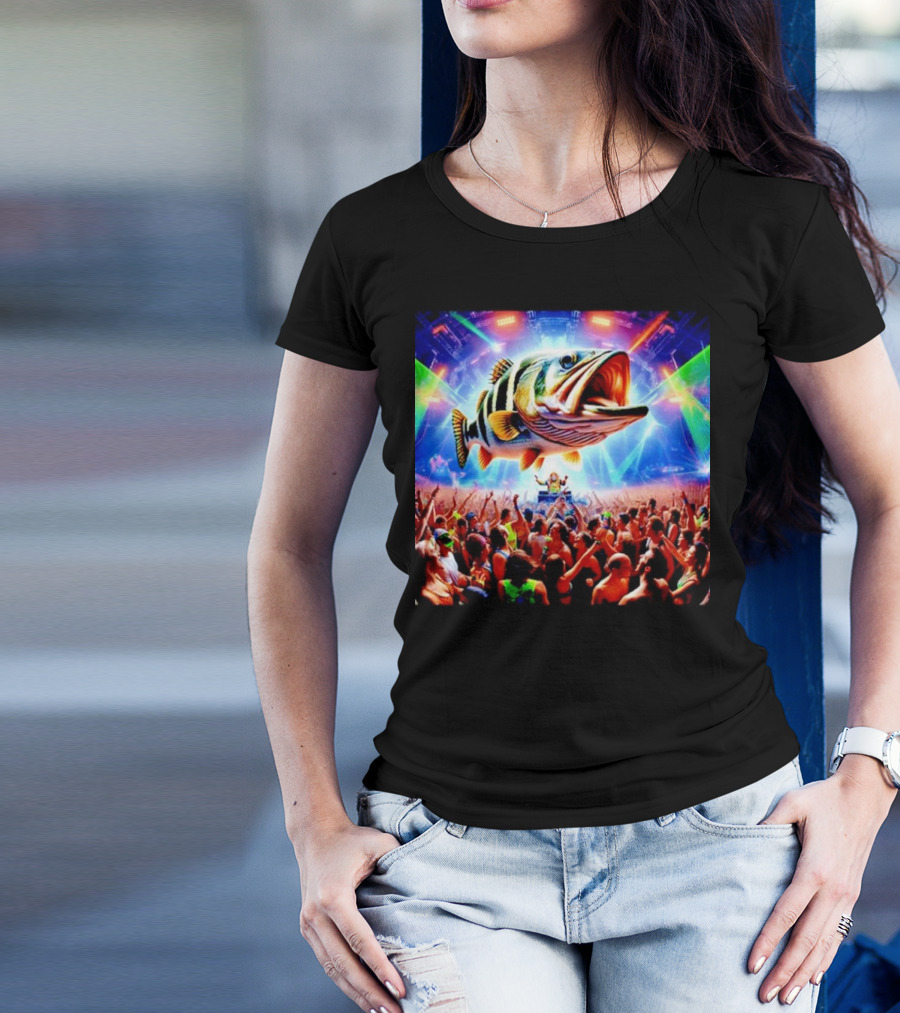 When The Bass Drops With Giant Fish Over Rave Crowd T-Shirt