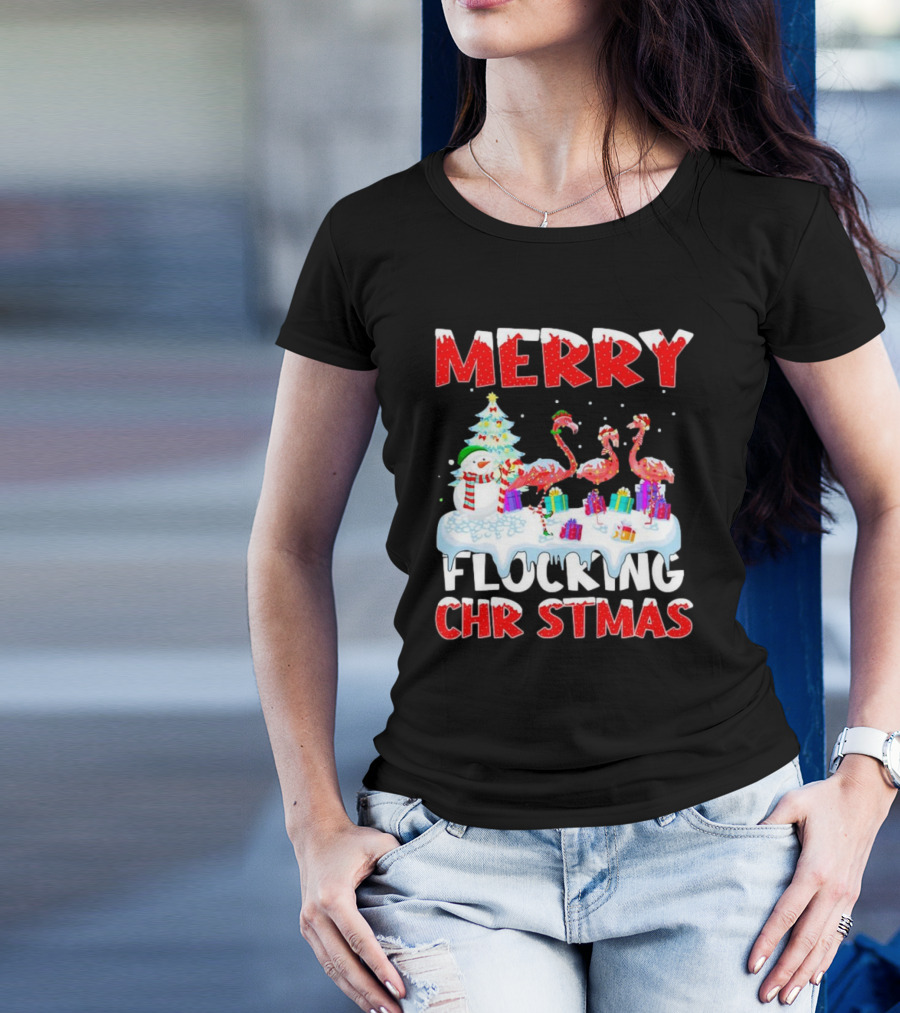 Merry Flocking Christmas Flamingo And Snowman Festive T-Shirt