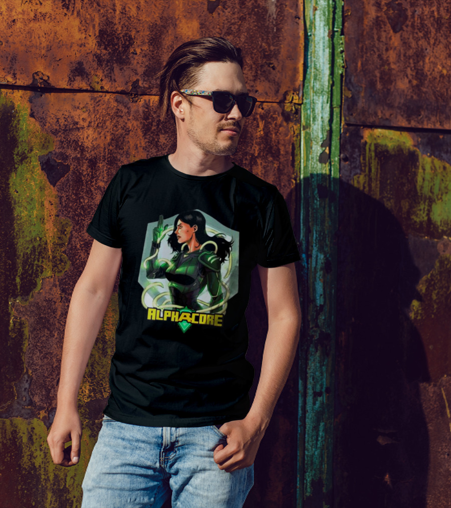 Ingrid Valdez Alphacore Heroic Green Warrior With Futuristic Elements T-Shirt