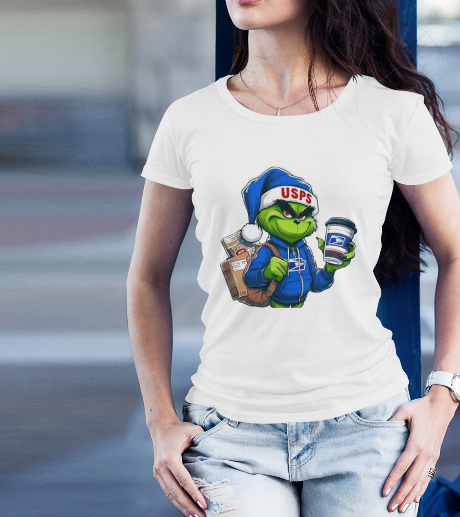 USPS Grinch Merry Christmas Delivery With Packages And Coffee T-Shirt