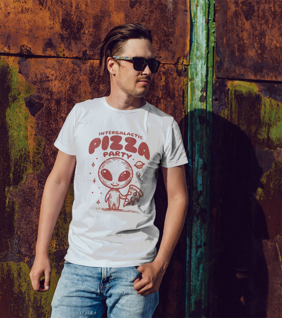 Intergalactic Pizza Party Alien Holding Pizza With Stars And Planet T-Shirt