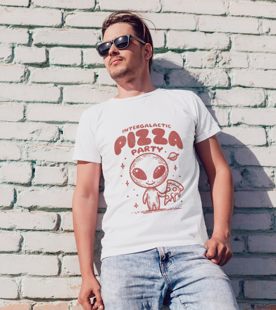 Intergalactic Pizza Party Alien Holding Pizza With Stars And Planet T-Shirt