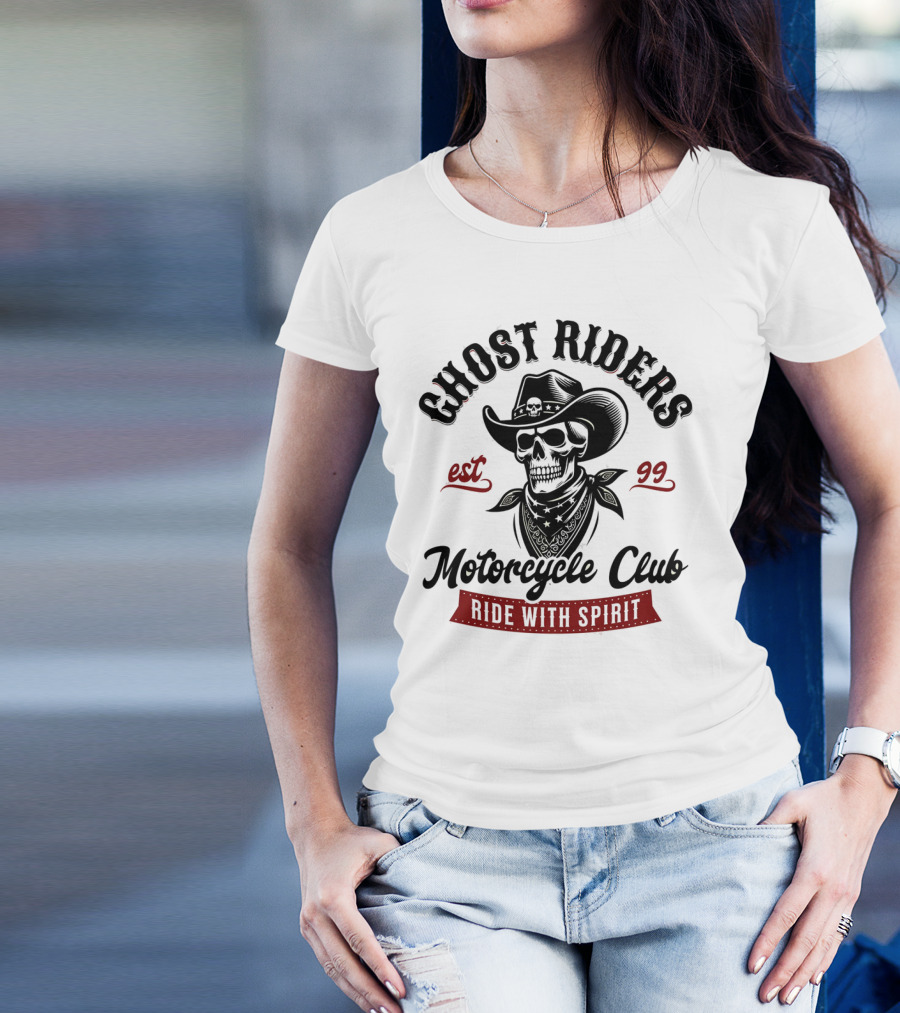 Ghost Riders Motorcycle Club Ride With Spirit Cowboy Skull Est 99 T-Shirt