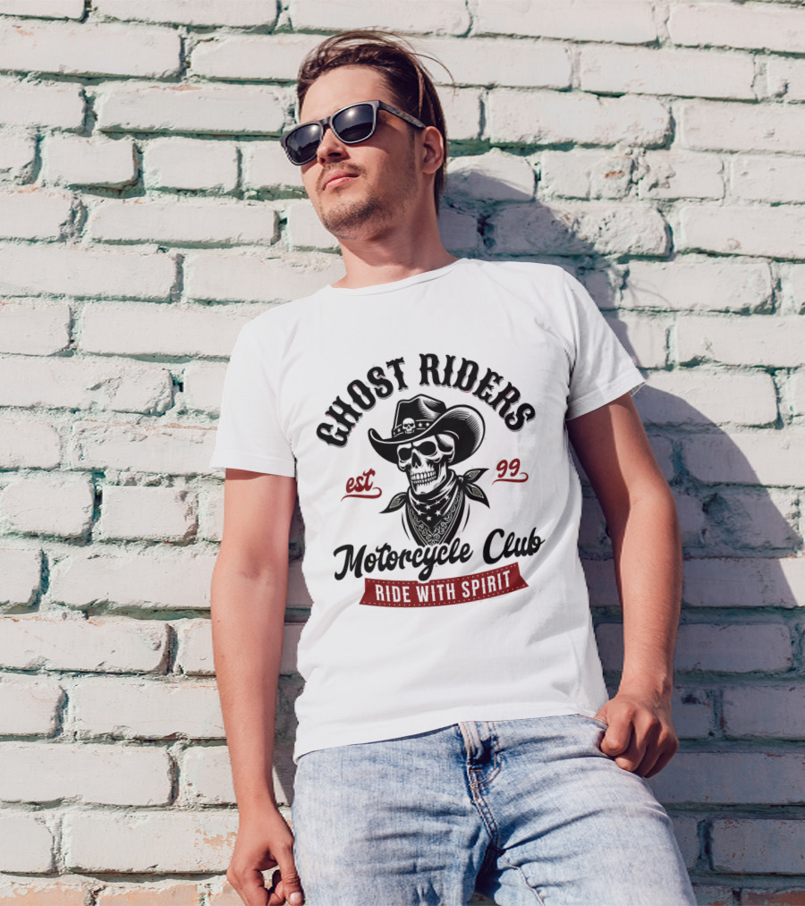 Ghost Riders Motorcycle Club Ride With Spirit Cowboy Skull Est 99 T-Shirt
