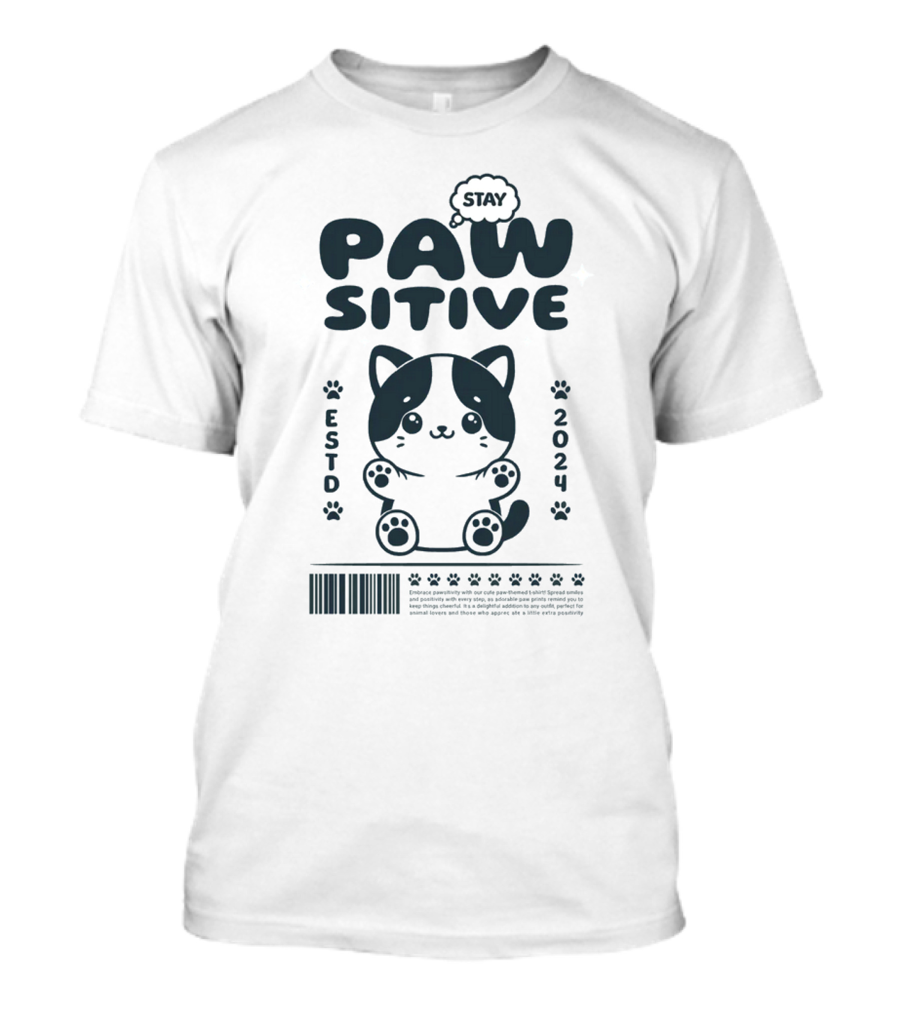 Stay Pawsitive Cat ESTD 2024 Cute Blue T-Shirt