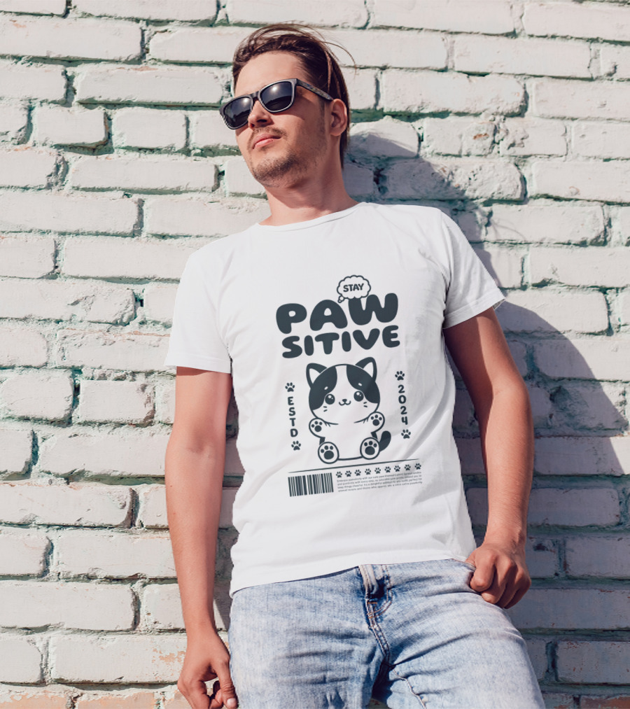 Stay Pawsitive Cat ESTD 2024 Cute Blue T-Shirt