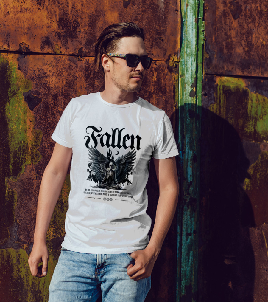 Fallen Dark Skeleton Angel With Fractured Wings And Gothic Castle T-Shirt