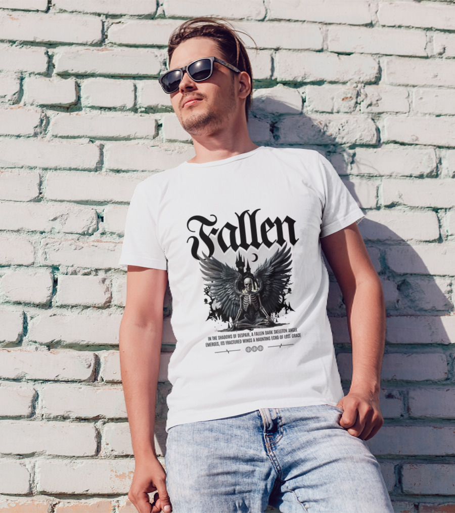 Fallen Dark Skeleton Angel With Fractured Wings And Gothic Castle T-Shirt