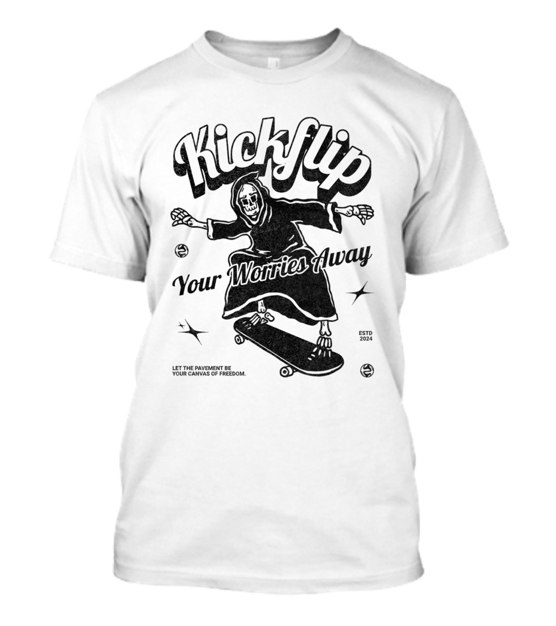 Kickflip Your Worries Away Grim Reaper Skateboarding Estd 2024 Let The Pavement Be Your Canvas Of Freedom T-Shirt