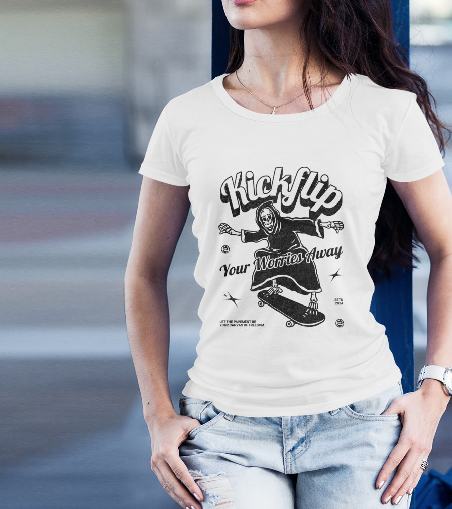 Kickflip Your Worries Away Grim Reaper Skateboarding Estd 2024 Let The Pavement Be Your Canvas Of Freedom T-Shirt
