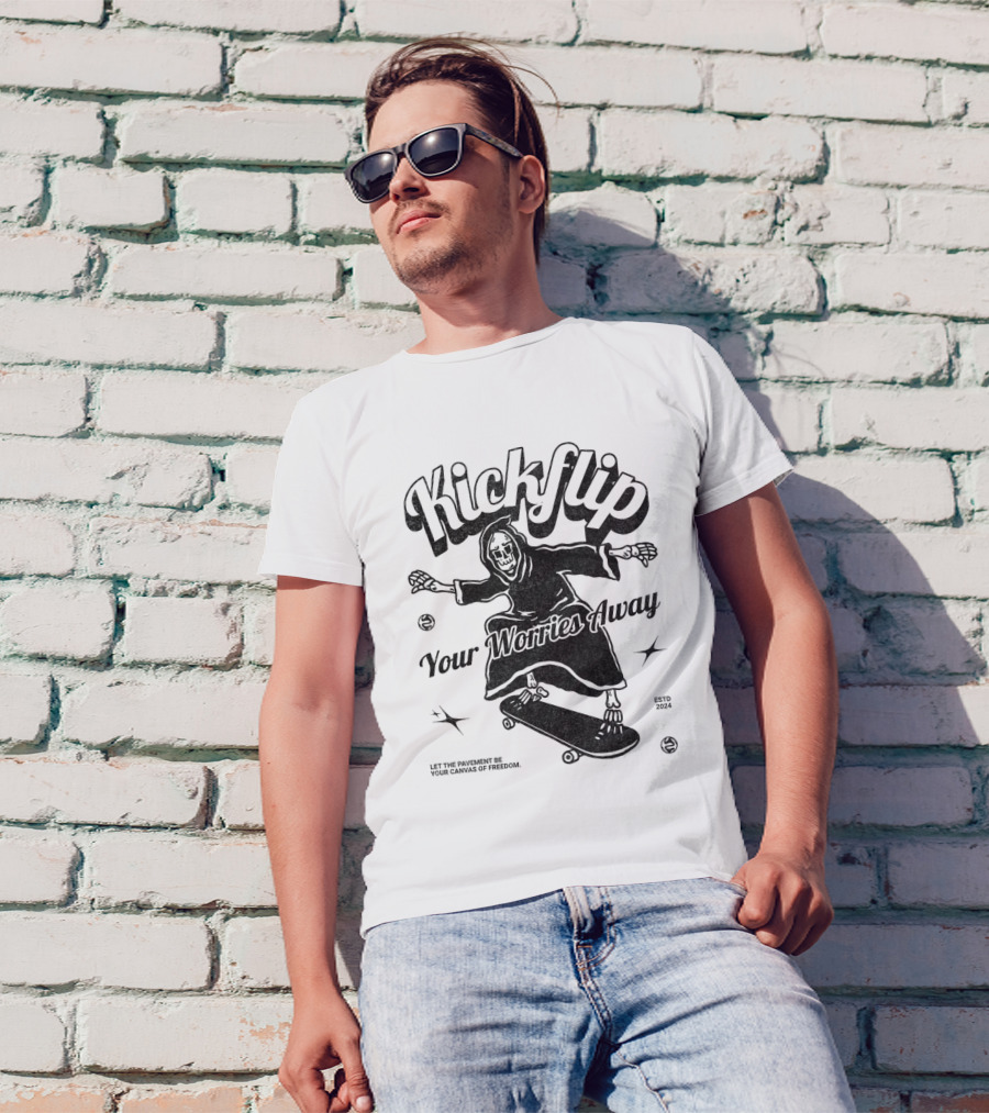 Kickflip Your Worries Away Grim Reaper Skateboarding Estd 2024 Let The Pavement Be Your Canvas Of Freedom T-Shirt