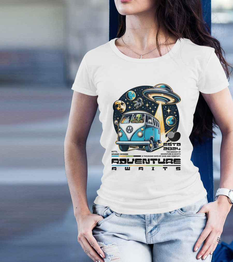 Adventure Awaits Alien Van UFO Space Travel 2024 Kittl Brand T-Shirt