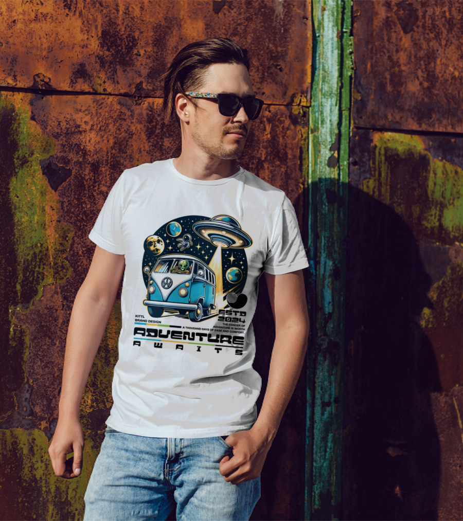 Adventure Awaits Alien Van UFO Space Travel 2024 Kittl Brand T-Shirt