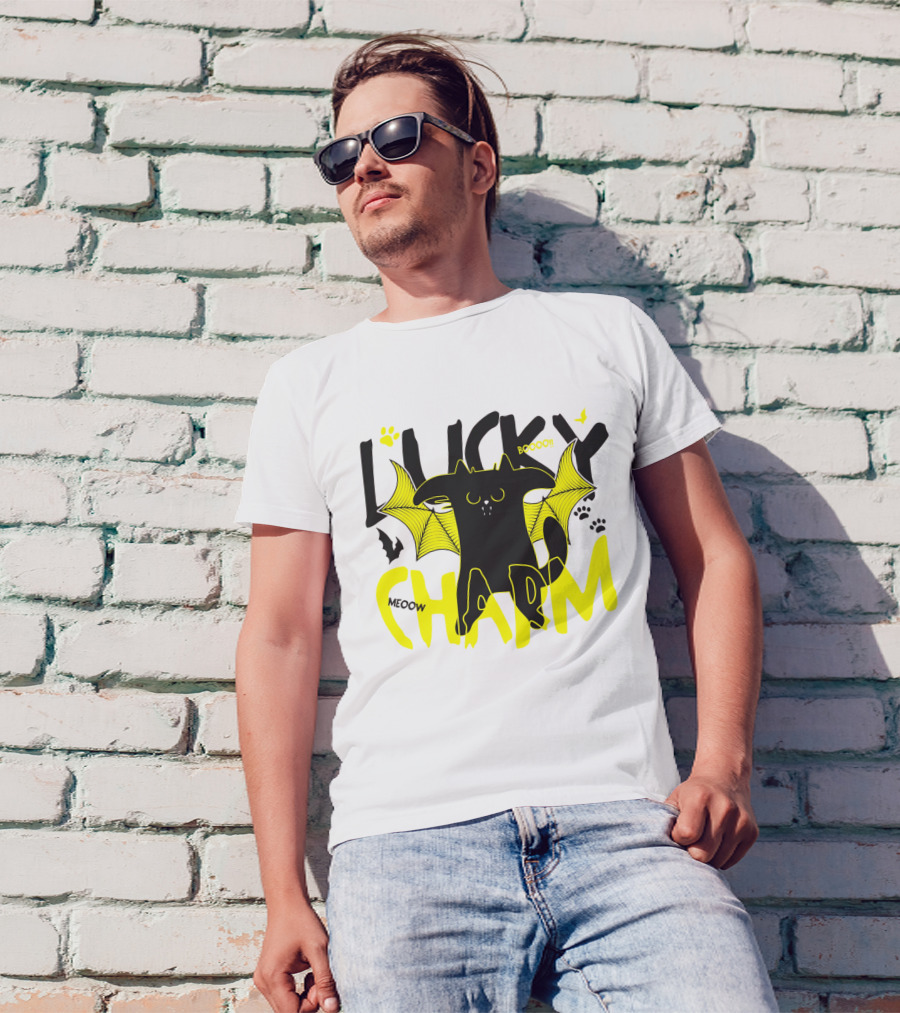 LUCKY CHARM Meow Boooo Bat Wings Cat Paw Prints T-Shirt