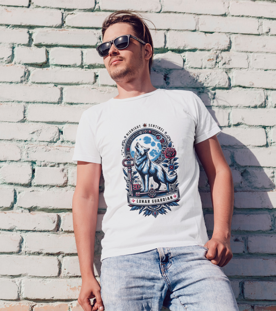 Midnight Sentinel Lunar Guardian Key And Roses Howling Wolf Moon T-Shirt