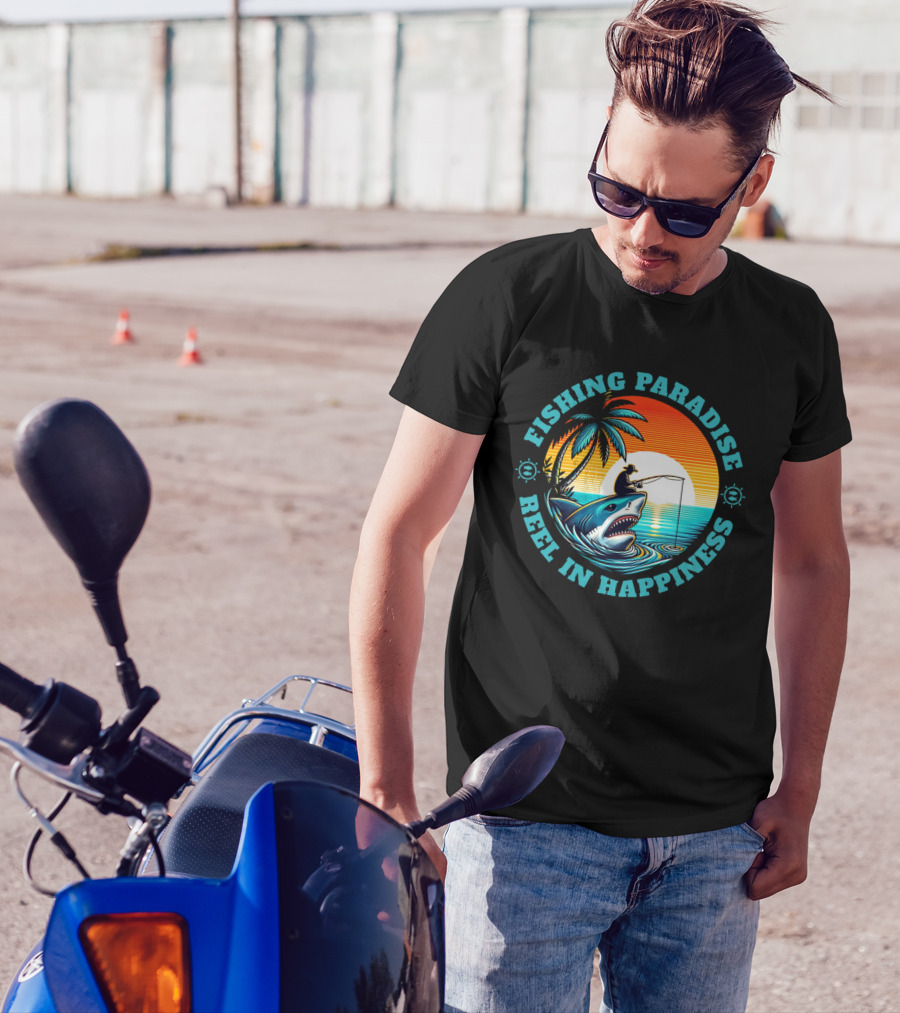 Fishing Paradise Reel In Happiness Sunset Shark Adventure T-Shirt