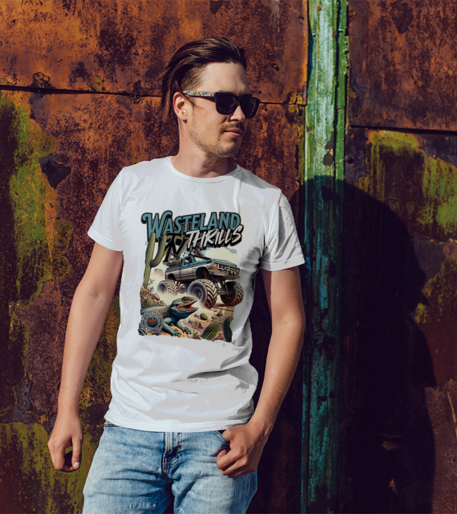 Wasteland Thrills Monster Truck Adventure With Lizard And Cactus Desert Scene T-Shirt
