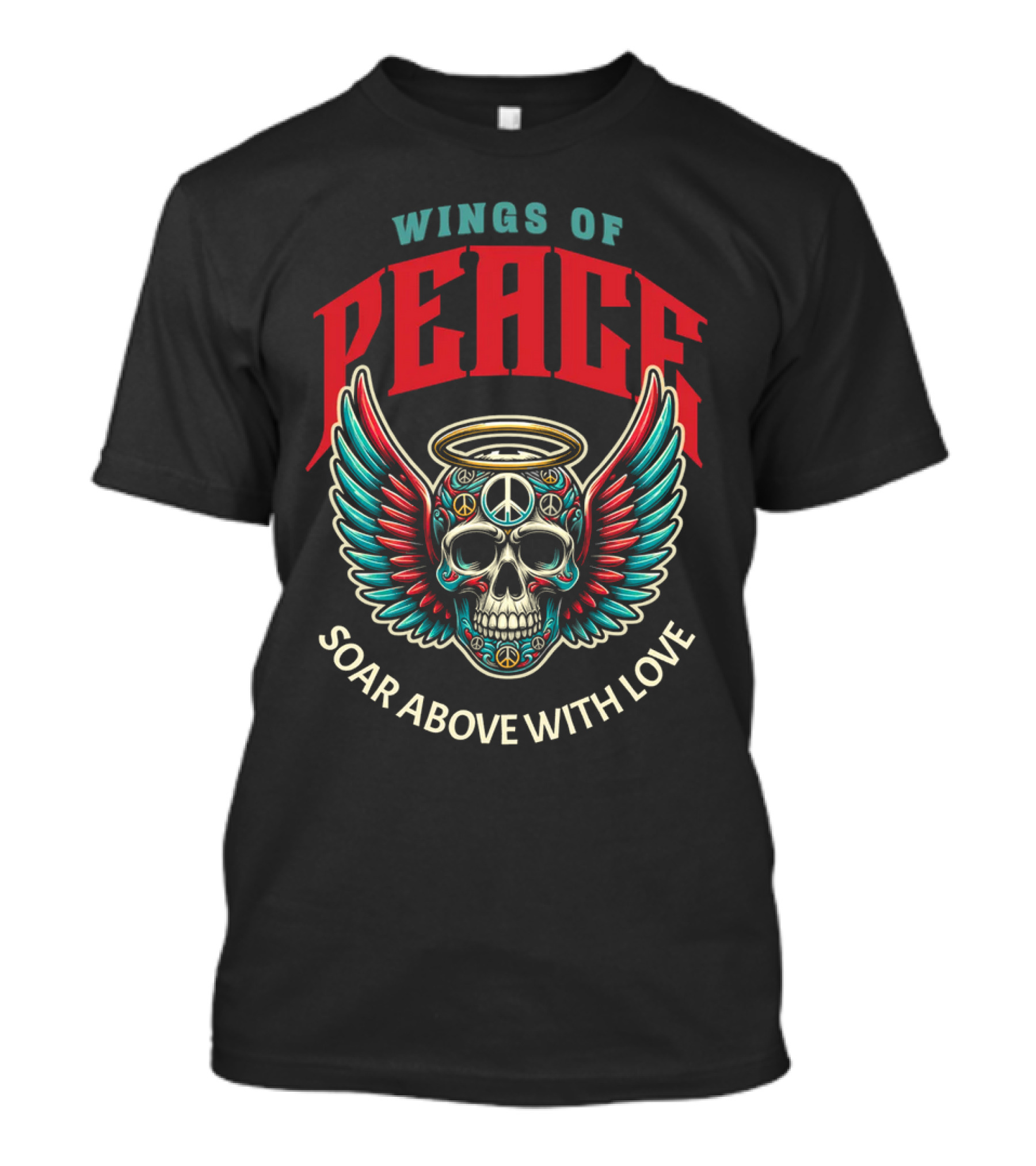 Wings Of Peace Soar Above With Love Peace Symbol Skull And Wings T-Shirt