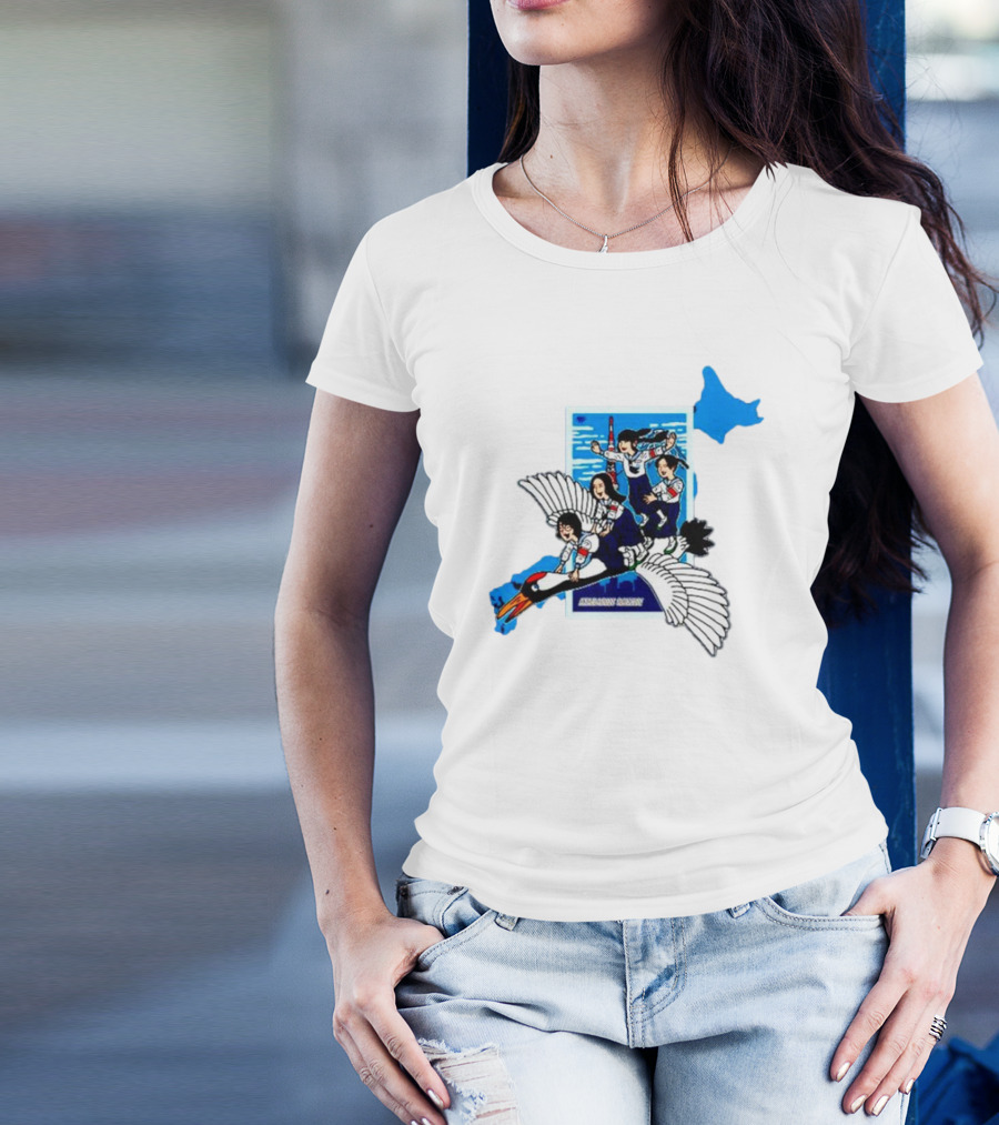 Atarashii Gakko Navy Crane Cartoon With Energetic Flyers And Blue Map Highlight T-Shirt