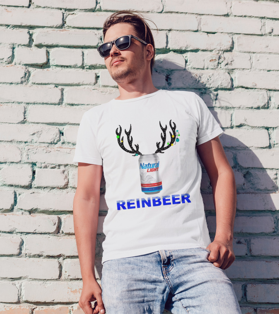 Natural Light Holiday Reinbeer Can Antlers Christmas T-Shirt