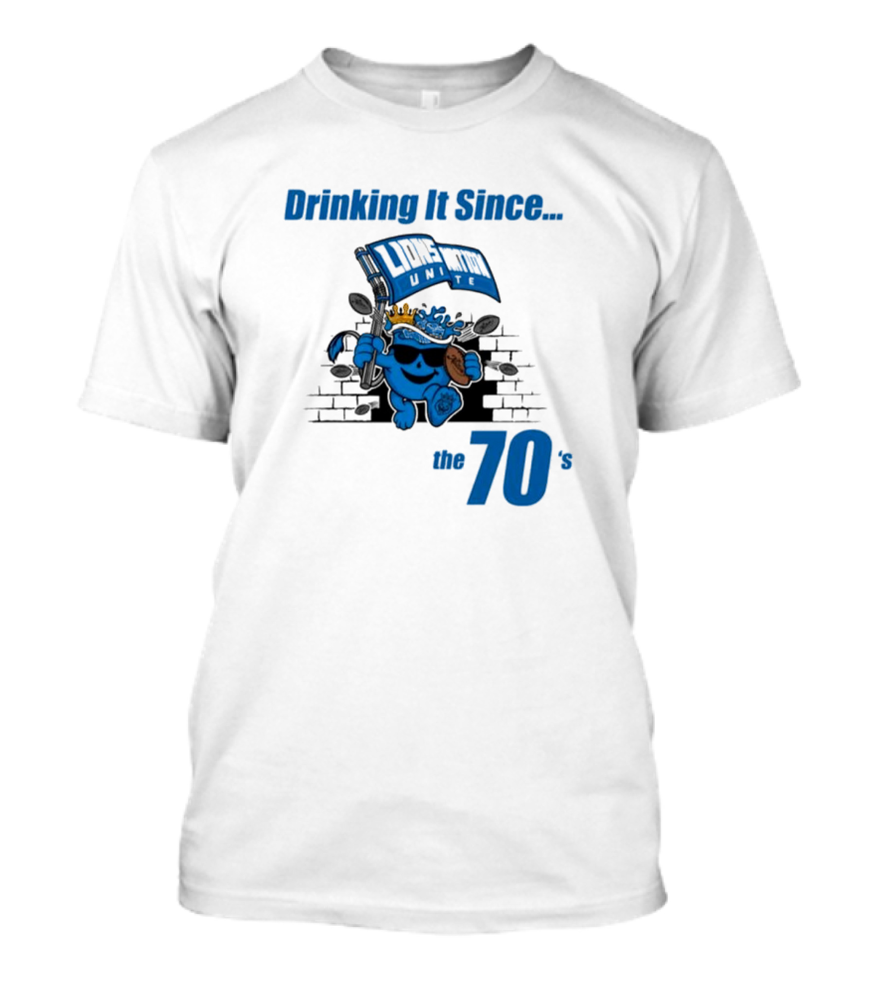 Lions United Drinking It Since The 70’s Fun Character With Flag And Crown T-Shirt