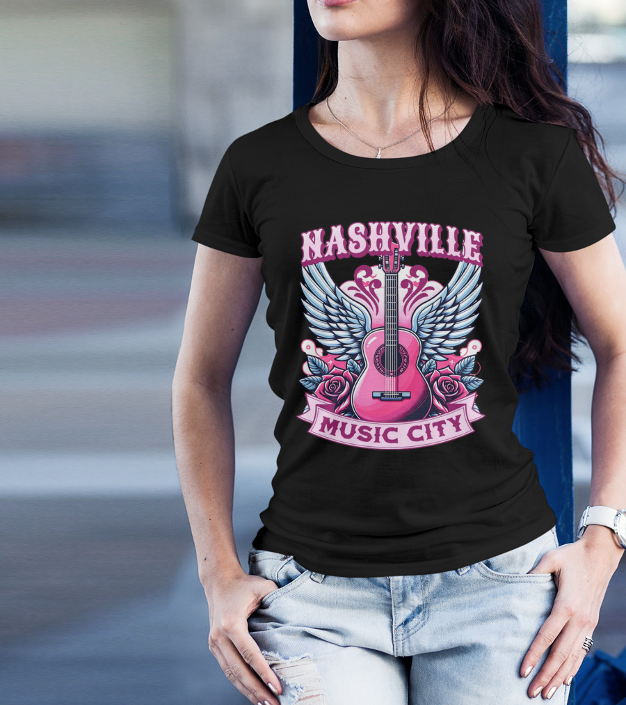 Nashville Music City Pink Guitar Wings Roses T-Shirt