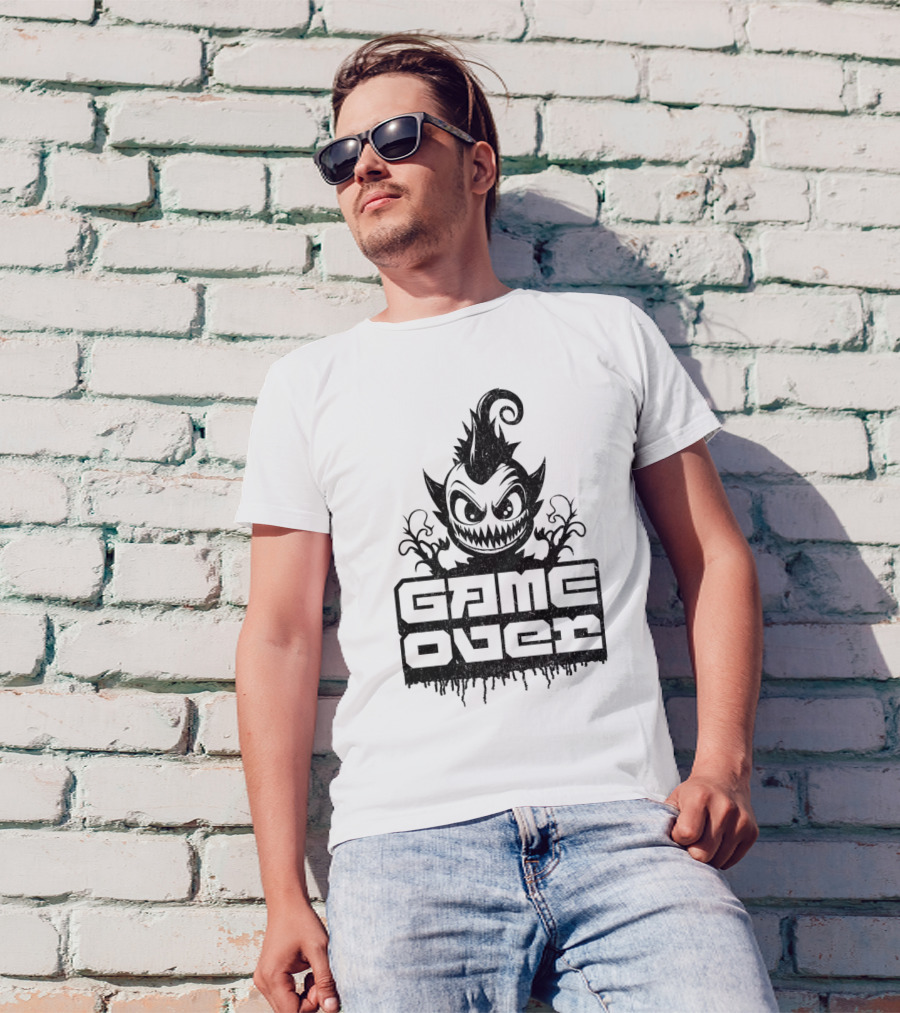 GAME OVER Creepy Monster Icon With Sharp Teeth And Spiky Hair T-Shirt