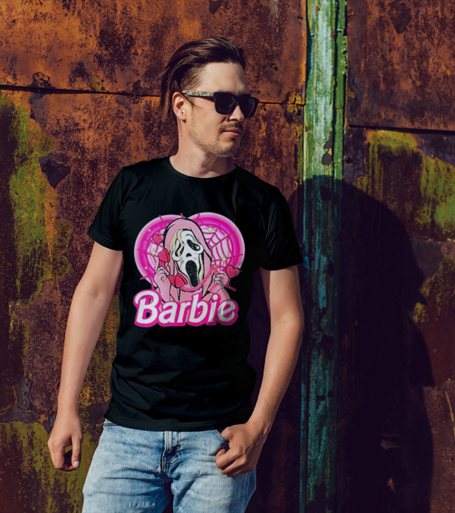 Barbie Horror Doll Ghost Face With Hearts And Pink Spiderwebs T-Shirt
