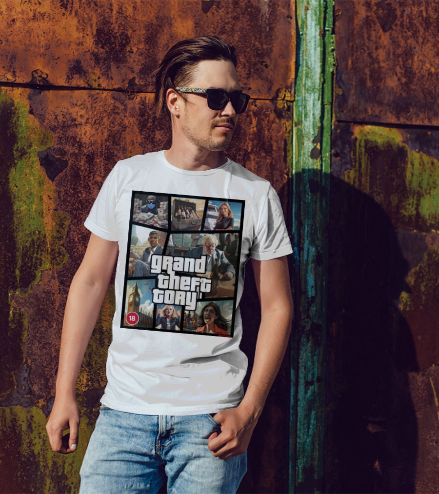 Grand Theft Tory GTA Big Ben Crime Drama 18+ Rating T-Shirt
