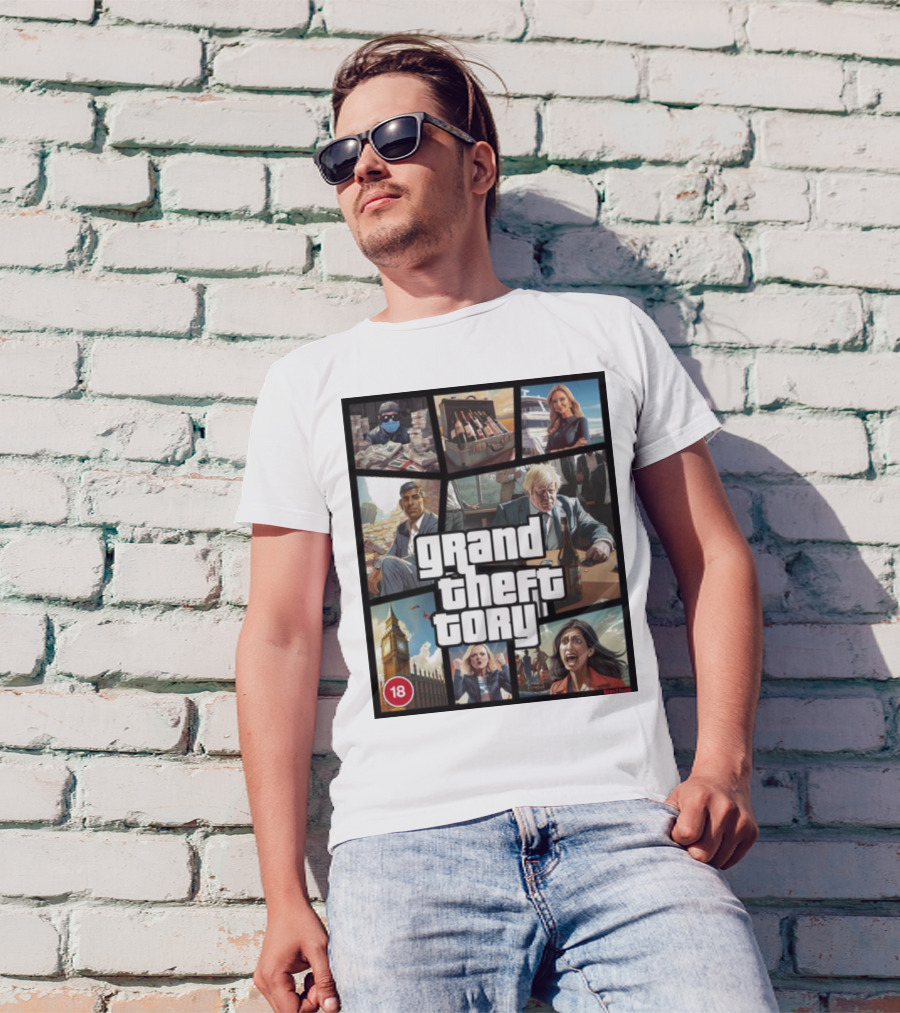 Grand Theft Tory GTA Big Ben Crime Drama 18+ Rating T-Shirt