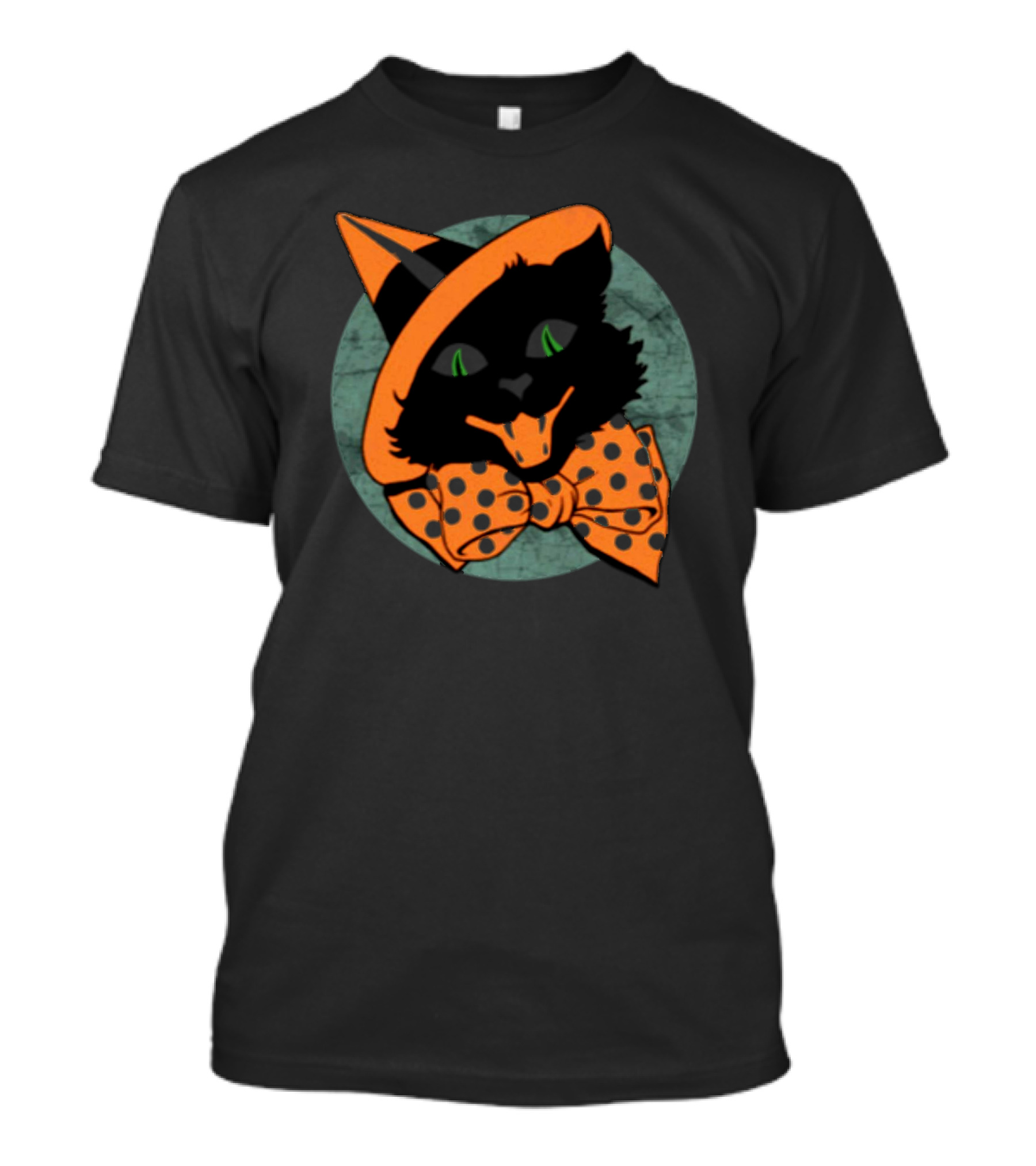 Vintage Halloween Black Cat Witch Hat Polka Dot Bowtie T-Shirt
