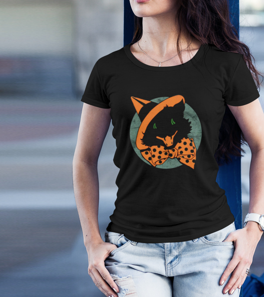 Vintage Halloween Black Cat Witch Hat Polka Dot Bowtie T-Shirt