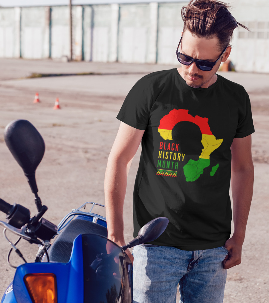 Black History Month African Continent Map With Red Yellow Green Colors And Afro T-Shirt