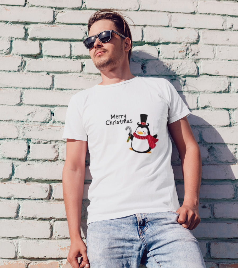 Merry Christmas Penguin With Candy Cane And Top Hat T-Shirt