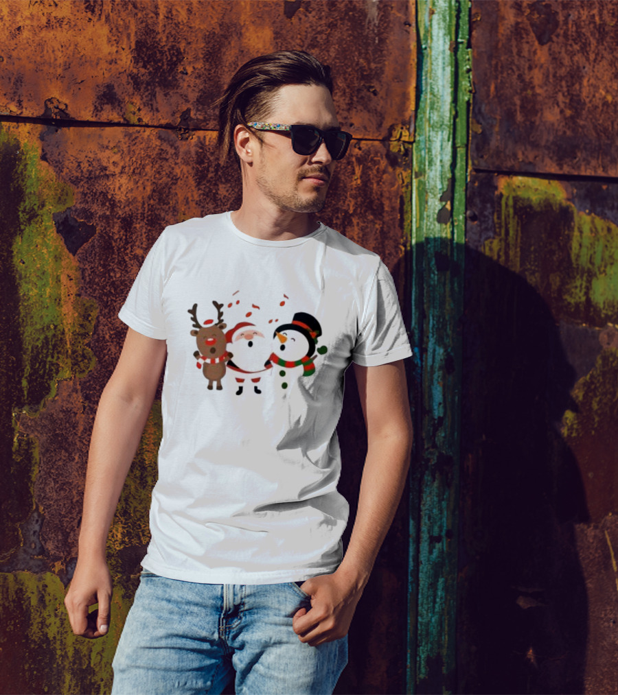 Santa Reindeer And Snowman Singing Christmas Carols Together T-Shirt