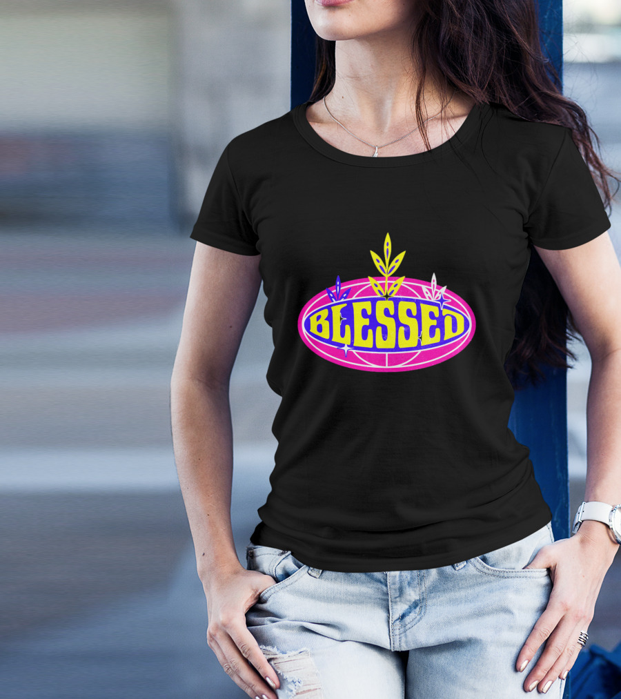 Blessed Vibrant Retro Style Oval Emblem With Leaves T-Shirt