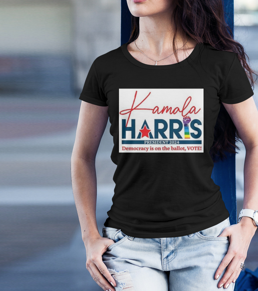 Kamala Harris President 2024 Democracy Is On The Ballot Vote Rainbow Fist T-Shirt