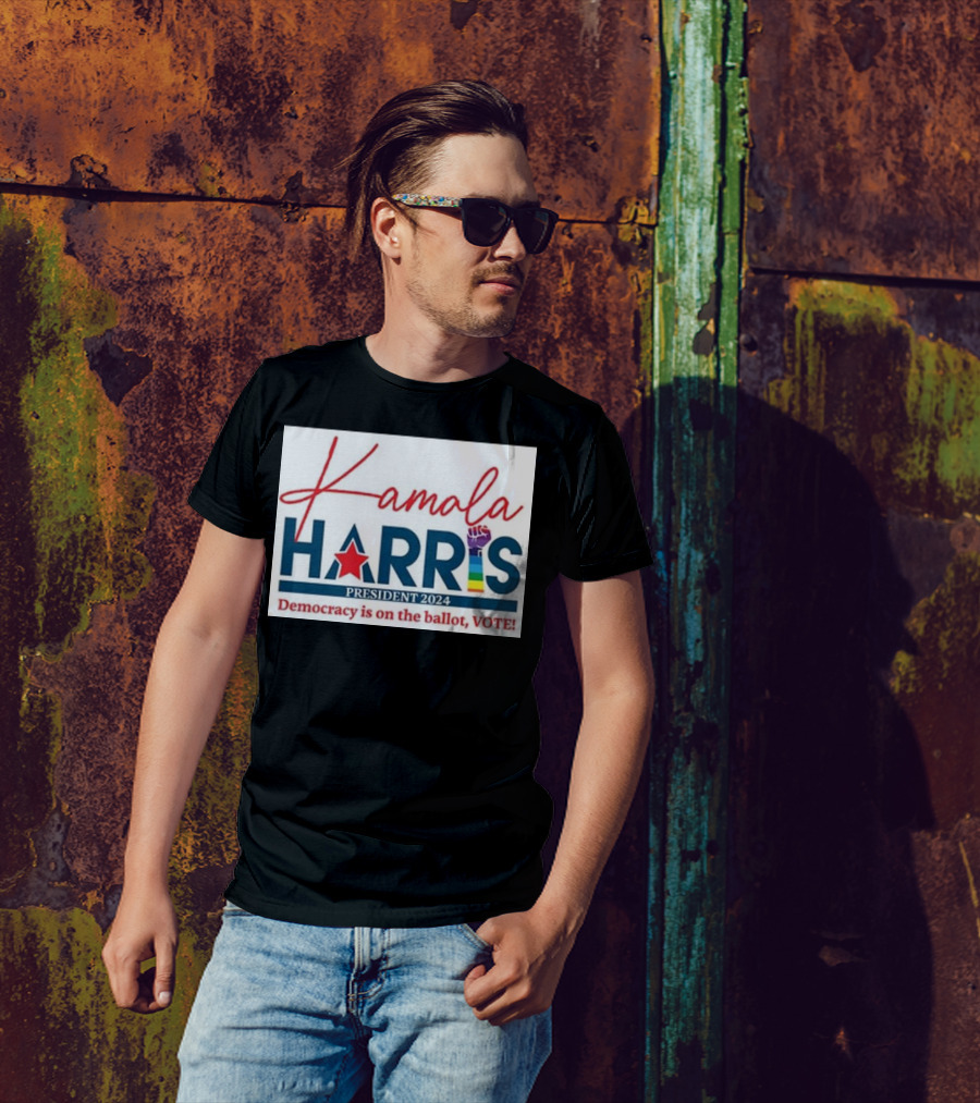Kamala Harris President 2024 Democracy Is On The Ballot Vote Rainbow Fist T-Shirt