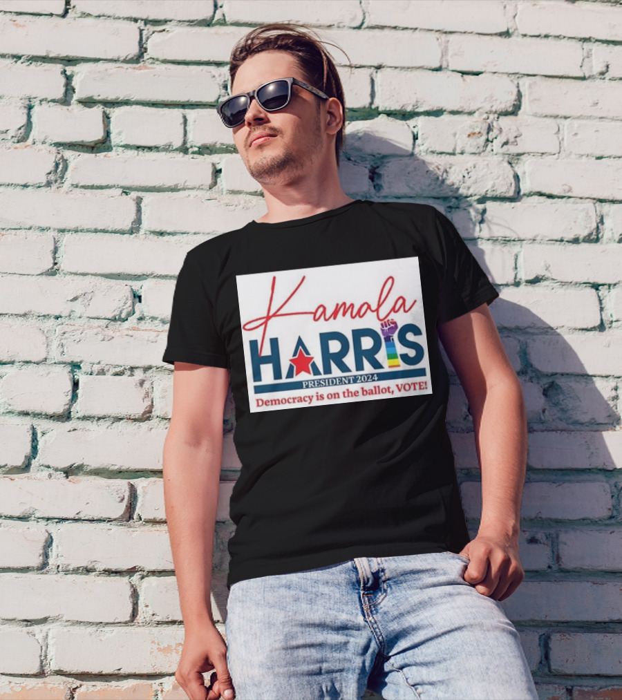 Kamala Harris President 2024 Democracy Is On The Ballot Vote Rainbow Fist T-Shirt
