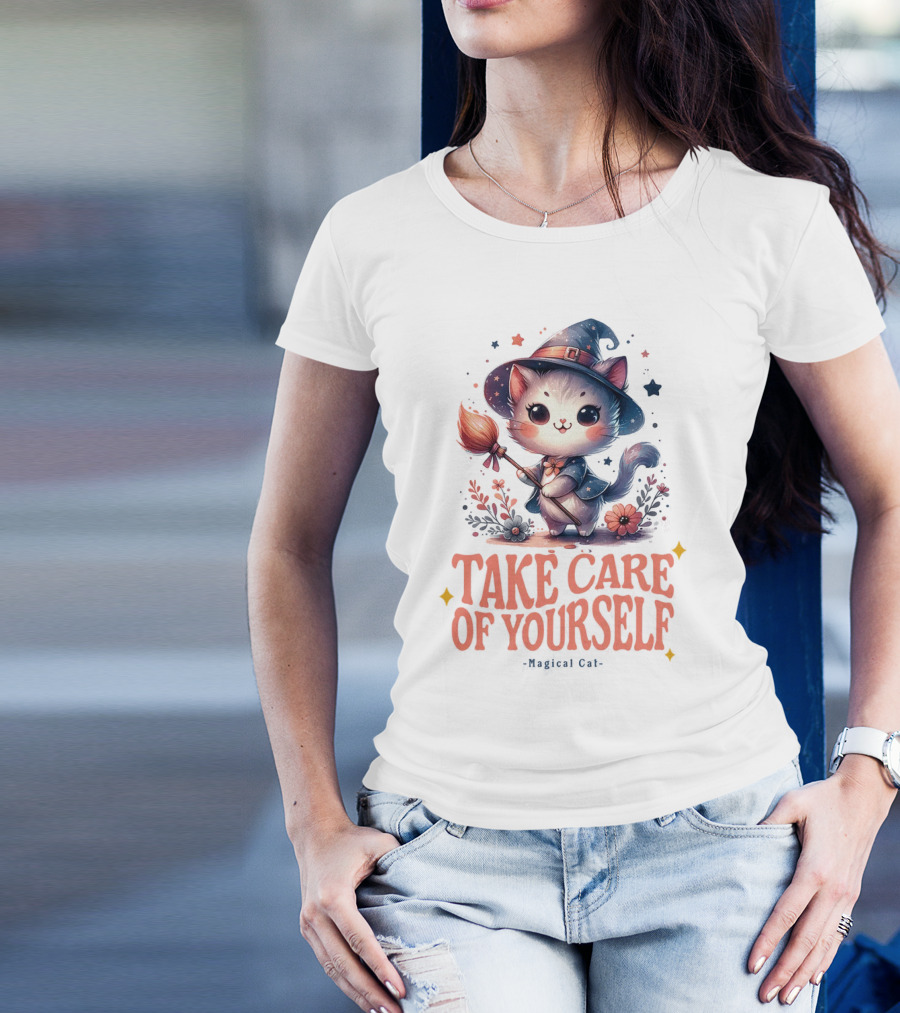 Take Care Of Yourself Magical Cat Wizard Hat Broomstick T-Shirt
