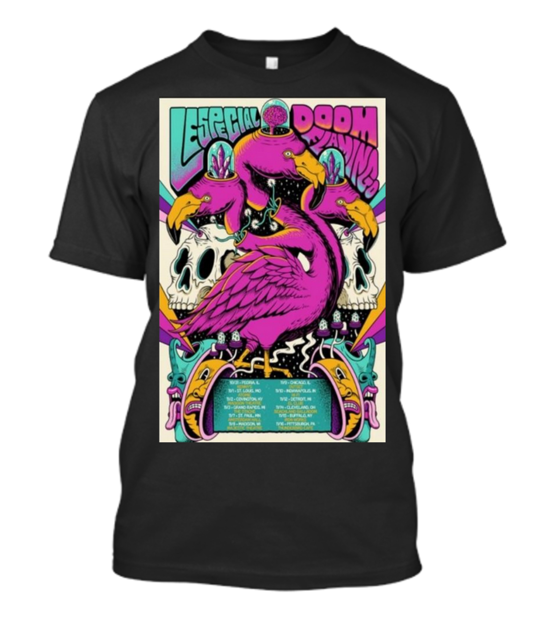Lespecial X Doom Flamingo 24 Tour Flamingo Skull Neon Poster Dates T-Shirt