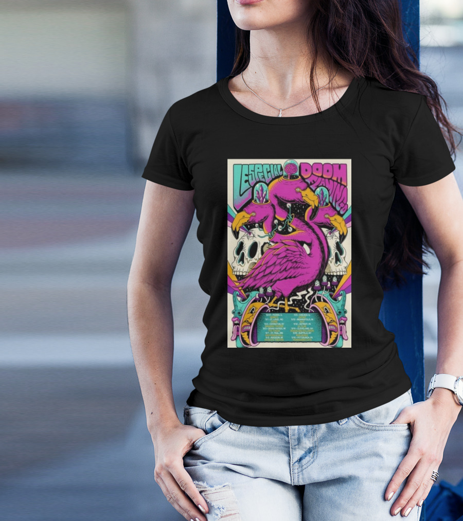 Lespecial X Doom Flamingo 24 Tour Flamingo Skull Neon Poster Dates T-Shirt