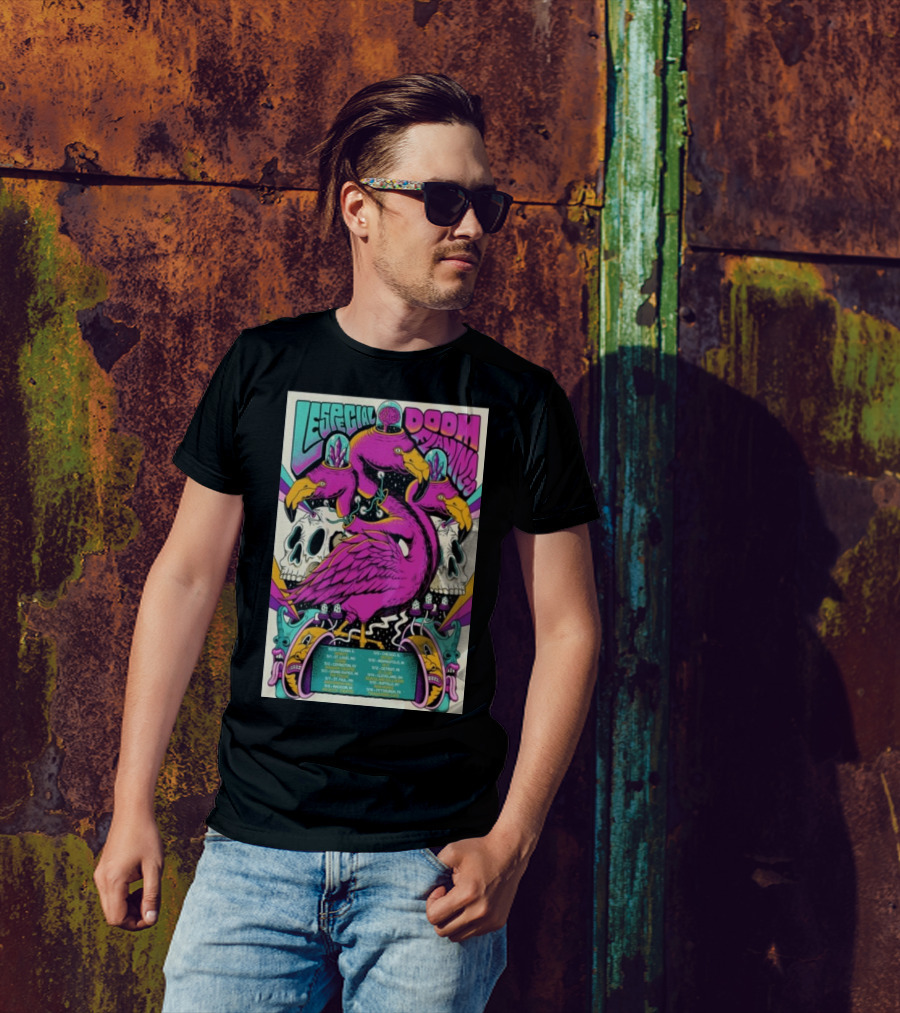 Lespecial X Doom Flamingo 24 Tour Flamingo Skull Neon Poster Dates T-Shirt