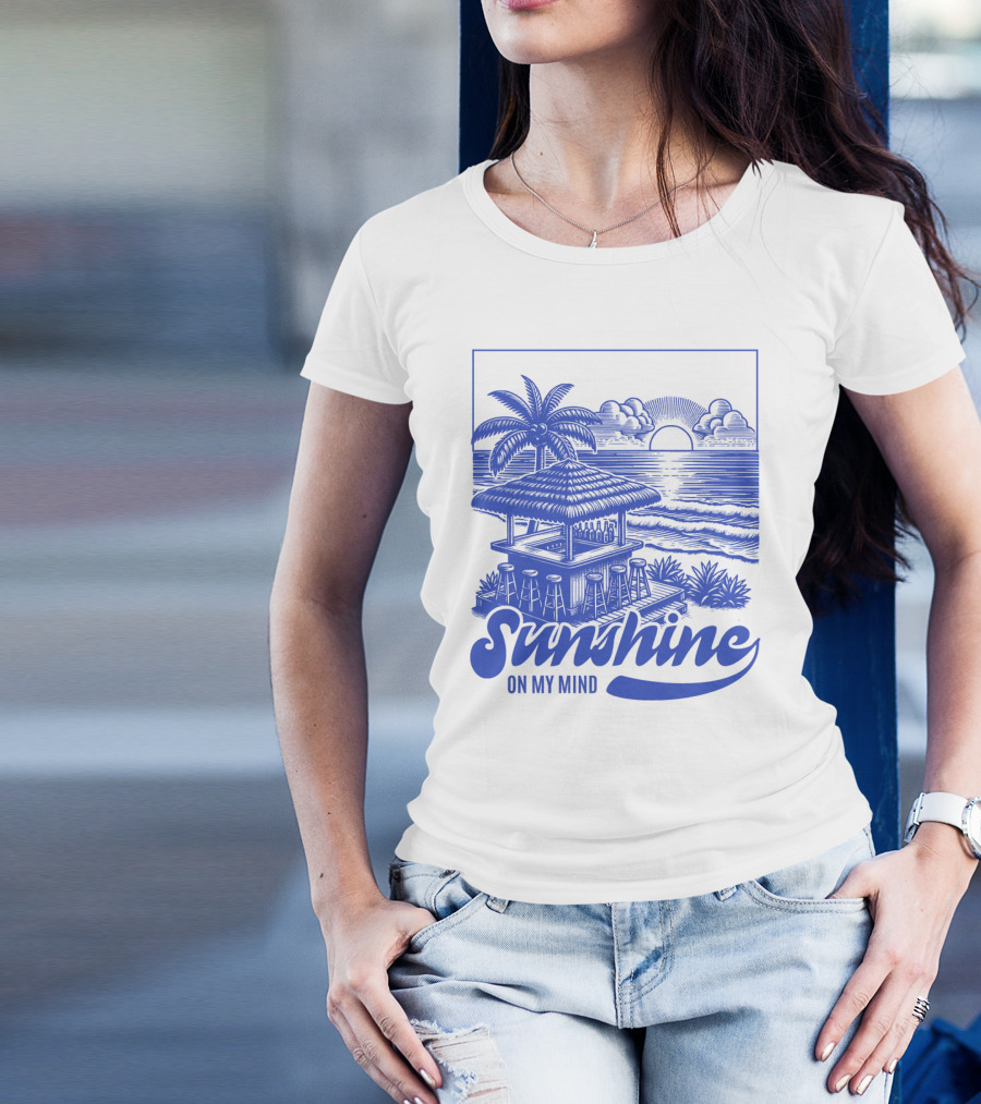 Sunshine On My Mind Vintage Beach Hut And Sunset Scene T-Shirt