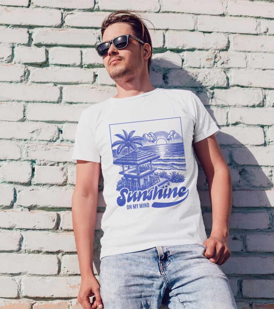 Sunshine On My Mind Vintage Beach Hut And Sunset Scene T-Shirt