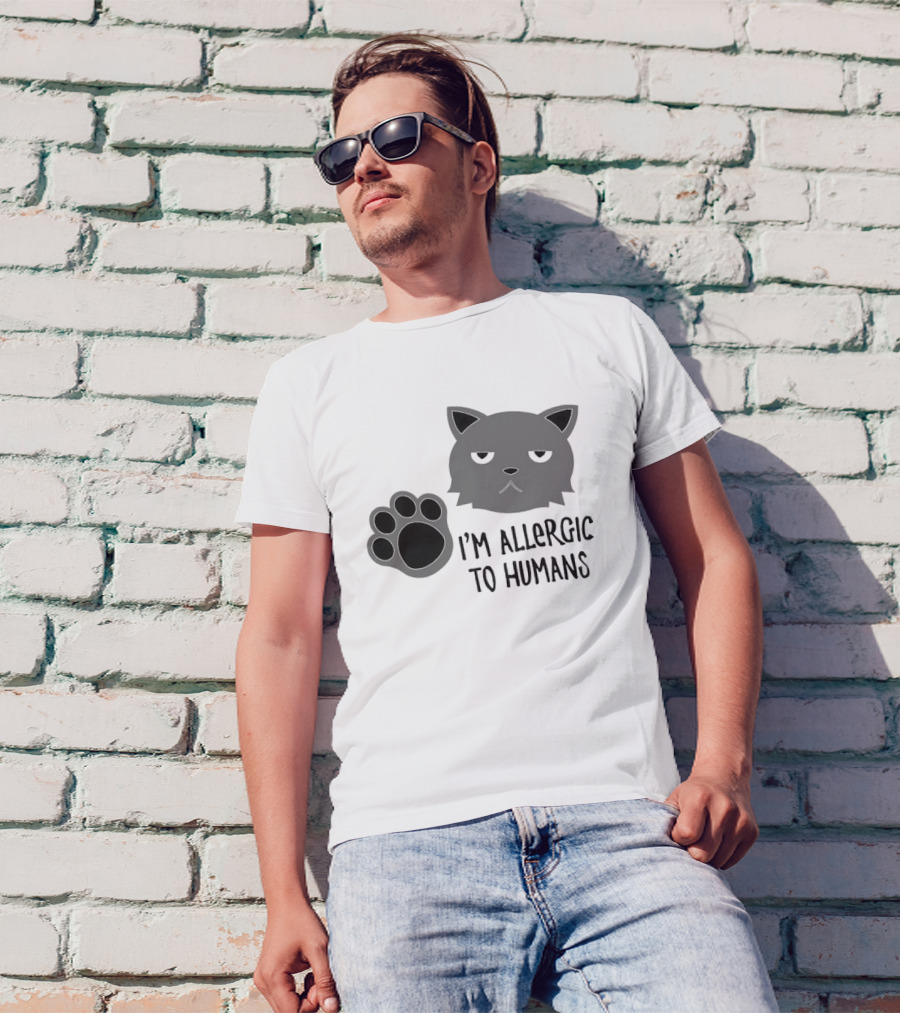 Cat I'm Allergic To Humans Shirt With Grumpy Feline Face And Paw Prints T-Shirt