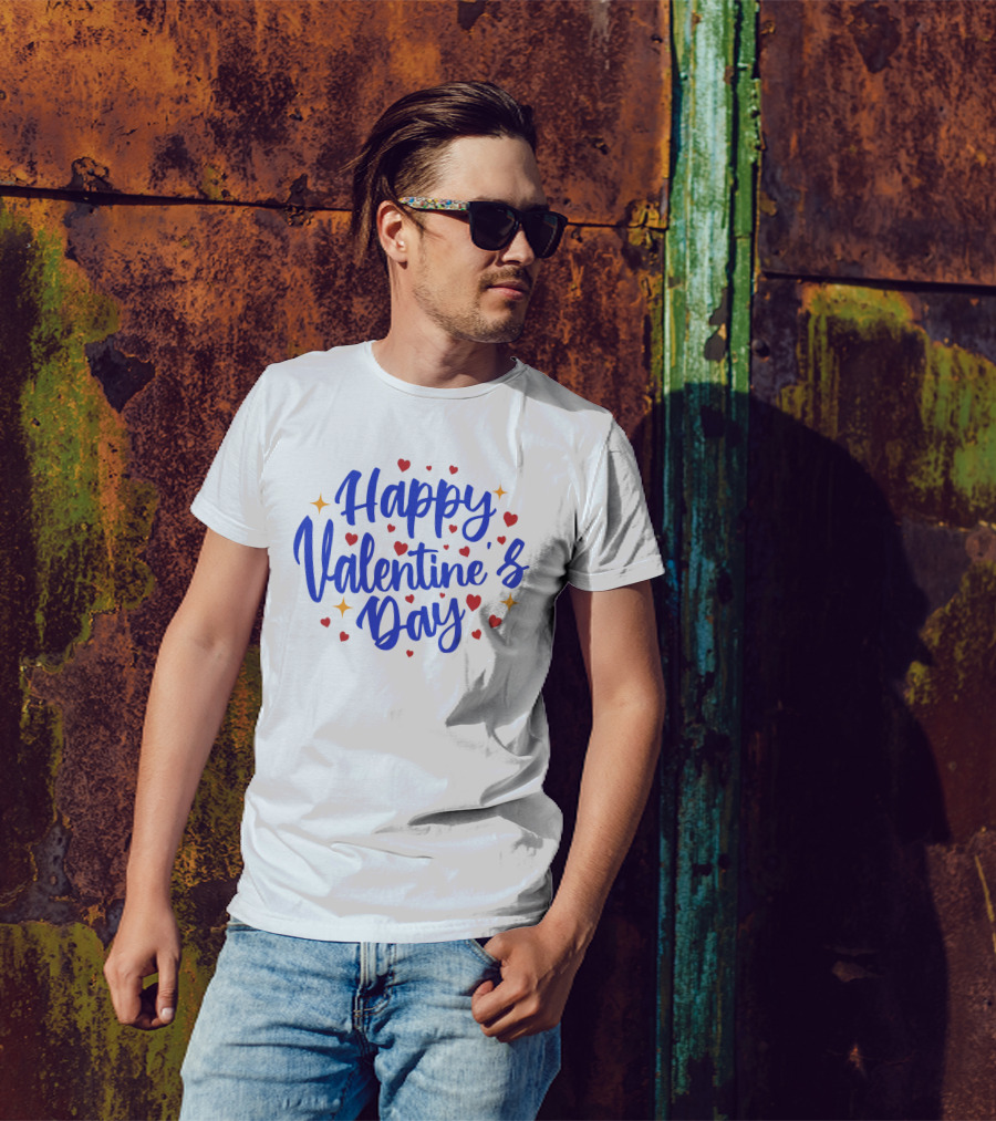 Happy Valentine's Day Blue Script With Hearts And Stars T-Shirt