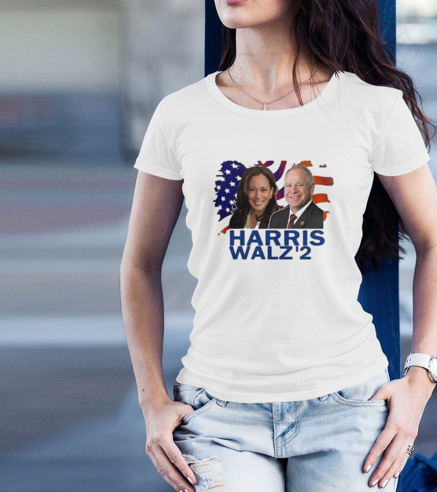 Harris Walz 2024 Democrat Rally American Flag Background T-Shirt