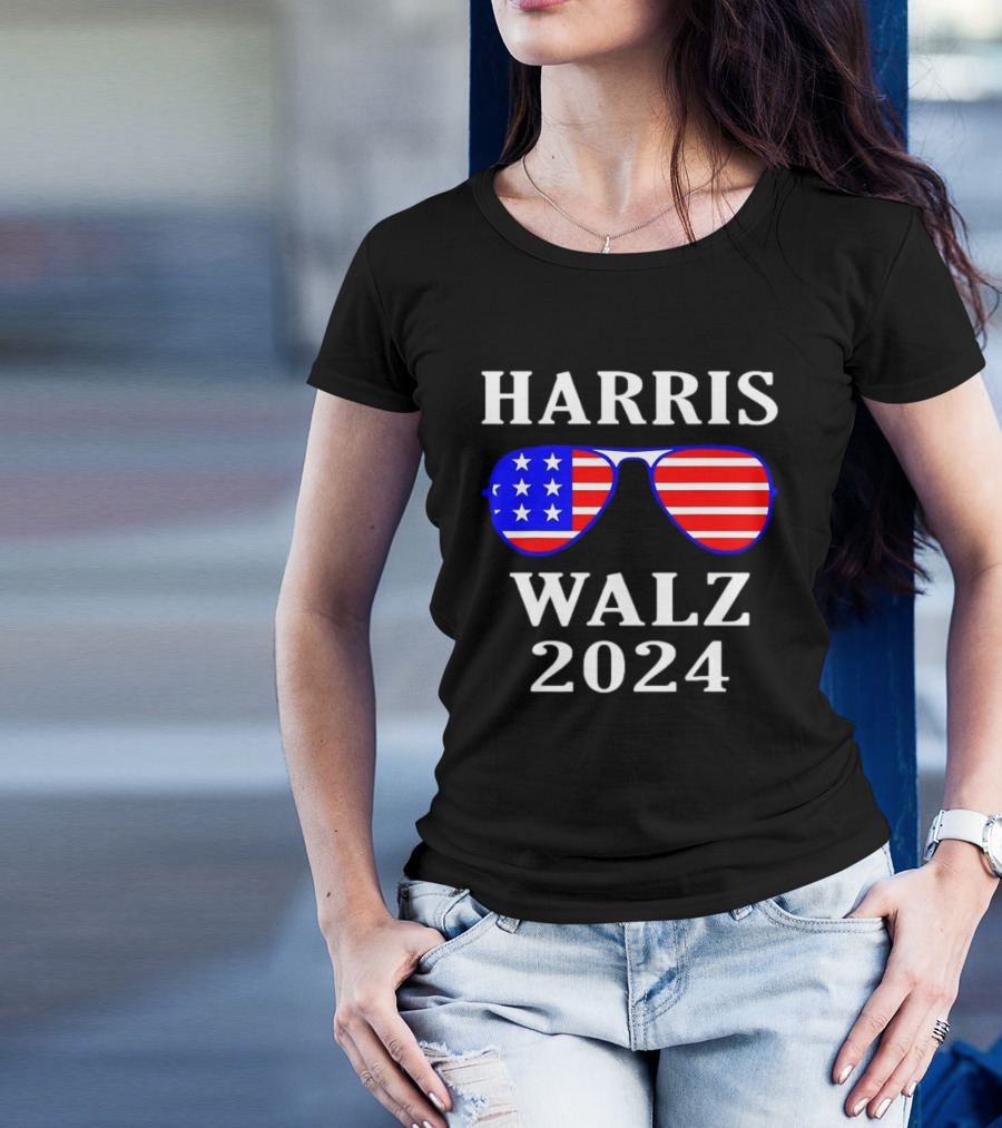 Harris Walz 2024 USA Flag Aviator Sunglasses T-Shirt