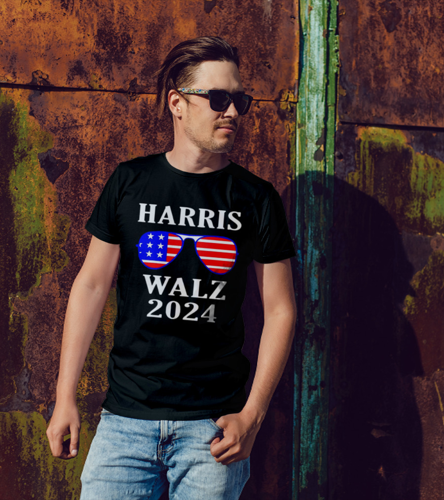 Harris Walz 2024 USA Flag Aviator Sunglasses T-Shirt